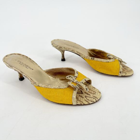 Dolce & Gabbana Retro Snakeskin Yellow Canvas Peep Toe Kitten Heel Mule IT 36 - Picture 1 of 11
